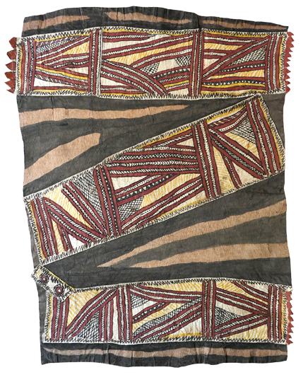 Australian Indigenous (Aboriginal and Torres Strait Islander) artwork by FATE SAVARI (ISAWDI) of Omie Artists. The title is Mahu sin’e (mahu sinö’e, buborianö’e, buboriano’e, mi’ija’ahe, mokojai, nenyai, ije bi’weje, dubi  dubi’e ohu’o sabu deje)  - Ancestor’s pig skin barkcloth (skin of the pig, mud paint, beak of the Papuan Hornbill, animal bones found while digging in the garden, beak of the parrot, women’s woven white shell headband adornment, boys chopping tree branches, leaves of the dubi’e tree and spots of the wood-boring grub). [12-080] (Natural Pigments including Sihoti’e (Mud) on Nioge (Woman’s Barkcloth Skirt))