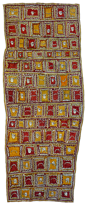 Australian Indigenous (Aboriginal and Torres Strait Islander) artwork by DIONA JONEVARI (SUWARARI) of Omie Artists. The title is Mahudan’e, vison’e, dahoru’e ohu’o buborianö’e – Pig tusk jewellery (customary wealth), eel bone jewellery for initiation nasal septum piercings, Ömie mountains and beaks of the Papuan Hornbill. [15-093] (Natural Pigments on Nioge (Barkcloth))