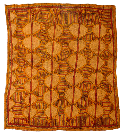 Australian Indigenous (Aboriginal and Torres Strait Islander) artwork by LINDA-GRACE SAVARI (MAJARÉ) of Omie Artists. The title is Mahudanö’e, Mahu Ane Bios’e, Hin’e Baje, Nyoni Han’e Ohu’o Buborianö’e – Pig’s Tusks and Teeth, Fruit of the Mustard Plant and Fern Leaves. [OM12-014] (Natural Pigments on Nioge (Woman’s Barkcloth Skirt))