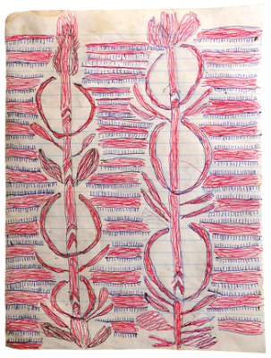Australian Indigenous (Aboriginal and Torres Strait Islander) artwork by FATE SAVARI (ISAWDI) of Omie Artists. The title is Mahudan’e, mahu an’e ohu’o nyoni han’e - Pig tusks, pig teeth and Dahorurajé clan emblem of the fern leaf. [12-204] (Ink on Schoolbook Paper)