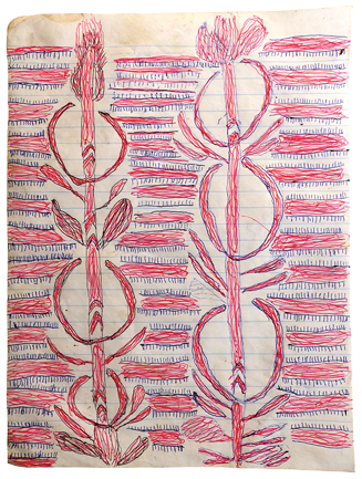 Australian Indigenous (Aboriginal and Torres Strait Islander) artwork by FATE SAVARI (ISAWDI) of Omie Artists. The title is Mahudan’e, mahu an’e ohu’o nyoni han’e - Pig tusks, pig teeth and Dahorurajé clan emblem of the fern leaf. [12-204] (Ink on Schoolbook Paper)