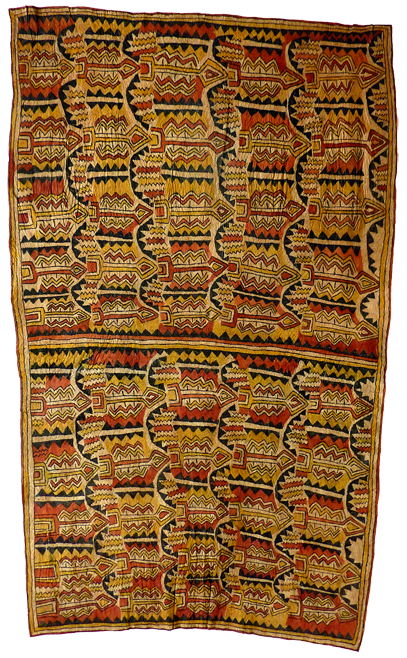 Australian Indigenous (Aboriginal and Torres Strait Islander) artwork by IVY-ROSE SIRIMI of Omie Artists. The title is Mairi’e Jeje Ijo’oho, Dahoru’e Ohu’o Buborianö’e – The Forbidden Tree of Lawe’s Parotia, Ömie Mountains and Beaks of Blyth’s Hornbill. [OM12-017] (Natural Pigments on Nioge (Woman’s Barkcloth Skirt))