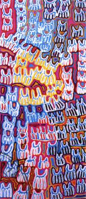 Australian Indigenous (Aboriginal and Torres Strait Islander) artwork by BETSY NAPANGARDI LEWIS of Warlukurlangu Artists (Yuendumu). The title is Majardi Jukurrpa (Hair-string dreaming) - Mina-Mina. [3563/07] (Acrylic on Canvas)