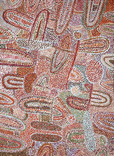 Australian Indigenous (Aboriginal and Torres Strait Islander) artwork by NGUPULYA PUMANI of Mimili Maku Arts. The title is Maku Inmaku Pakani. [302-2012] (Acrylic on Linen)