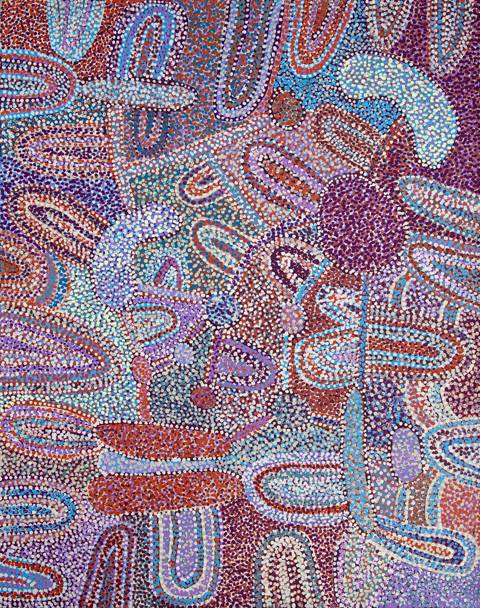Australian Indigenous (Aboriginal and Torres Strait Islander) artwork by NGUPULYA PUMANI of Mimili Maku Arts. The title is Maku Inmaku Pakani. [332-2012] (Acrylic on Linen)