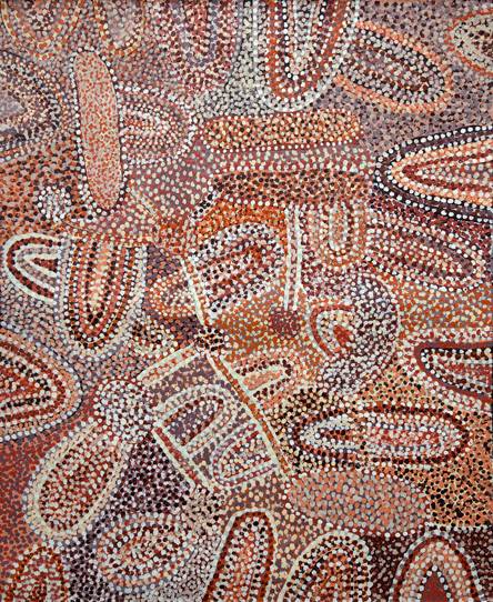 Australian Indigenous (Aboriginal and Torres Strait Islander) artwork by NGUPULYA PUMANI of Mimili Maku Arts. The title is Maku Inmaku Pakani. [394-2012] (Acrylic on Linen)