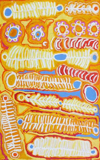 Australian Indigenous (Aboriginal and Torres Strait Islander) artwork by MURDIE NAMPIJINPA MORRIS of Warlukurlangu Artists (Yuendumu). The title is Maliki Jukurrpa (Domestic Dog Dreaming). [374/13ny] (Acrylic on Belgian Linen)