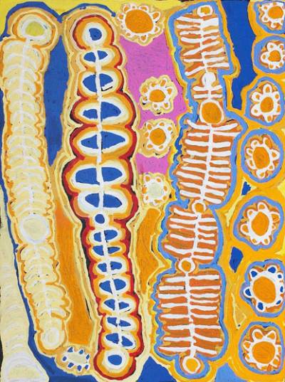 Australian Indigenous (Aboriginal and Torres Strait Islander) artwork by MURDIE NAMPIJINPA MORRIS of Warlukurlangu Artists (Yuendumu). The title is Maliki Jukurrpa (Domestic Dog Dreaming). [454/13ny] (Acrylic on Belgian Linen)