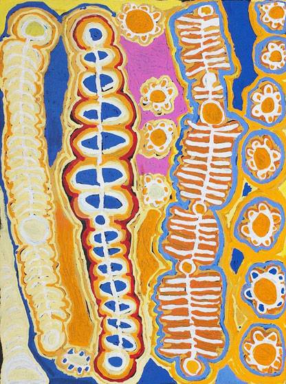 Australian Indigenous (Aboriginal and Torres Strait Islander) artwork by MURDIE NAMPIJINPA MORRIS of Warlukurlangu Artists (Yuendumu). The title is Maliki Jukurrpa (Domestic Dog Dreaming). [454/13ny] (Acrylic on Belgian Linen)