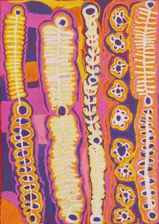 Australian Indigenous (Aboriginal and Torres Strait Islander) artwork by MURDIE NAMPIJINPA MORRIS of Warlukurlangu Artists (Yuendumu). The title is Maliki Jukurrpa (Domestic Dog Dreaming). [769/13ny] (Acrylic on Belgian Linen)