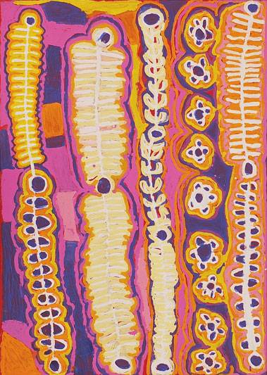 Australian Indigenous (Aboriginal and Torres Strait Islander) artwork by MURDIE NAMPIJINPA MORRIS of Warlukurlangu Artists (Yuendumu). The title is Maliki Jukurrpa (Domestic Dog Dreaming). [769/13ny] (Acrylic on Belgian Linen)