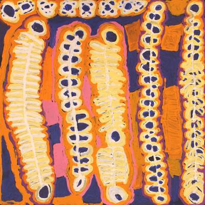 Australian Indigenous (Aboriginal and Torres Strait Islander) artwork by MURDIE NAMPIJINPA MORRIS of Warlukurlangu Artists (Yuendumu). The title is Maliki Jukurrpa (Domestic Dog Dreaming). [800/13ny] (Acrylic on Belgian Linen)