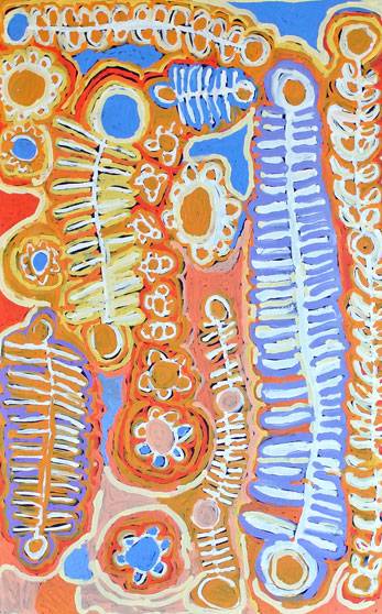 Australian Indigenous (Aboriginal and Torres Strait Islander) artwork by MURDIE NAMPIJINPA MORRIS of Warlukurlangu Artists (Yuendumu). The title is Maliki Jukurrpa (Domestic Dog Dreaming). [59/13ny] (Acrylic on Belgian Linen)