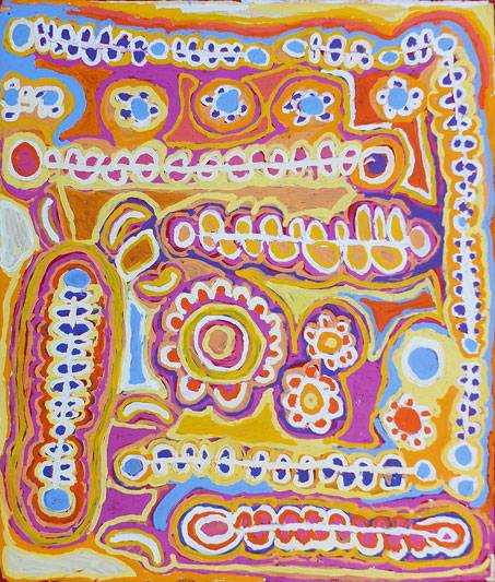 Australian Indigenous (Aboriginal and Torres Strait Islander) artwork by MURDIE NAMPIJINPA MORRIS of Warlukurlangu Artists (Yuendumu). The title is Maliki Jukurrpa (Domestic Dog Dreaming). [118/13ny] (Acrylic on Belgian Linen)