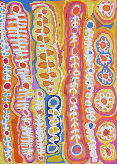 Australian Indigenous (Aboriginal and Torres Strait Islander) artwork by MURDIE NAMPIJINPA MORRIS of Warlukurlangu Artists (Yuendumu). The title is Maliki Jukurrpa (Domestic Dog Dreaming). [224/13ny] (Acrylic on Belgian Linen)