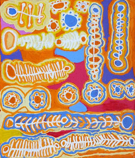 Australian Indigenous (Aboriginal and Torres Strait Islander) artwork by MURDIE NAMPIJINPA MORRIS of Warlukurlangu Artists (Yuendumu). The title is Maliki Jukurrpa (Domestic Dog Dreaming). [444/13ny] (Acrylic on Belgian Linen)