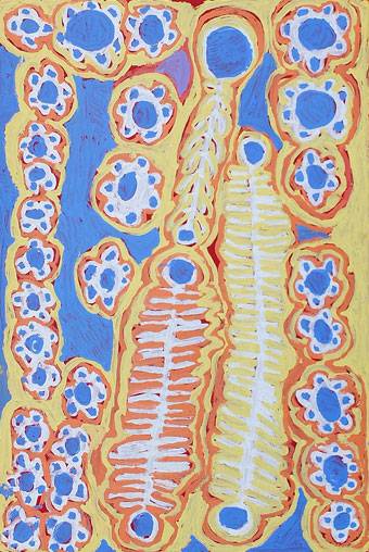 Australian Indigenous (Aboriginal and Torres Strait Islander) artwork by MURDIE NAMPIJINPA MORRIS of Warlukurlangu Artists (Yuendumu). The title is Maliki Jukurrpa (Domestic Dog Dreaming). [520/13ny] (Acrylic on Belgian Linen)