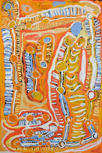 Australian Indigenous (Aboriginal and Torres Strait Islander) artwork by MURDIE NAMPIJINPA MORRIS of Warlukurlangu Artists (Yuendumu). The title is Malikijarra Jukurrpa (Two Dogs Dreaming). [783/12ny] (Acrylic on Belgian Linen)