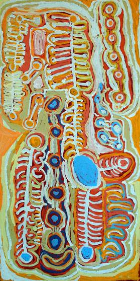 Australian Indigenous (Aboriginal and Torres Strait Islander) artwork by MURDIE NAMPIJINPA MORRIS of Warlukurlangu Artists (Yuendumu). The title is Malikijarra Jukurrpa (Two Dogs Dreaming). [834/12ny] (Acrylic on Belgian Linen)