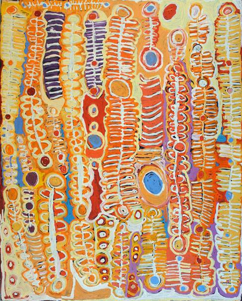 Australian Indigenous (Aboriginal and Torres Strait Islander) artwork by MURDIE NAMPIJINPA MORRIS of Warlukurlangu Artists (Yuendumu). The title is Malikijarra Jukurrpa (Two Dogs Dreaming). [989/12ny] (Acrylic on Belgian Linen)