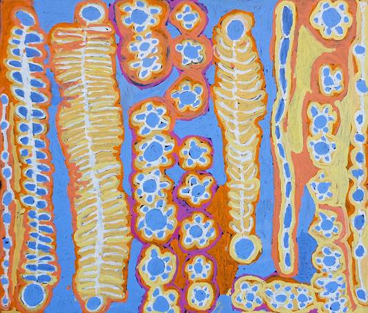 Australian Indigenous (Aboriginal and Torres Strait Islander) artwork by MURDIE NAMPIJINPA MORRIS of Warlukurlangu Artists (Yuendumu). The title is Malikijarra Jukurrpa (Two Dogs Dreaming). [573/13ny] (Acrylic on Belgian Linen)