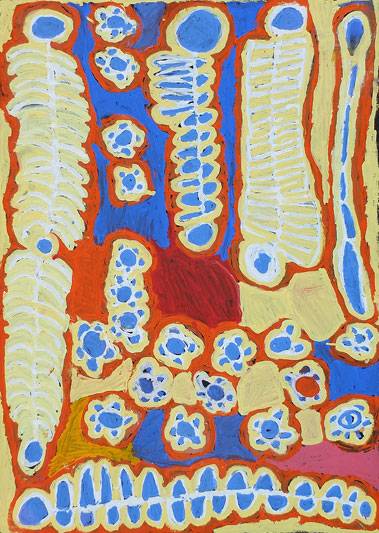 Australian Indigenous (Aboriginal and Torres Strait Islander) artwork by MURDIE NAMPIJINPA MORRIS of Warlukurlangu Artists (Yuendumu). The title is Malikijarra Jukurrpa (Two Dogs Dreaming). [611/13ny] (Acrylic on Belgian Linen)