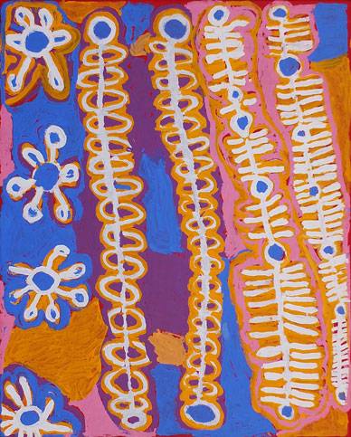 Australian Indigenous (Aboriginal and Torres Strait Islander) artwork by MURDIE NAMPIJINPA MORRIS of Warlukurlangu Artists (Yuendumu). The title is Malikijarra Jukurrpa (Two Dogs Dreaming). [718/13ny] (Acrylic on Belgian Linen)