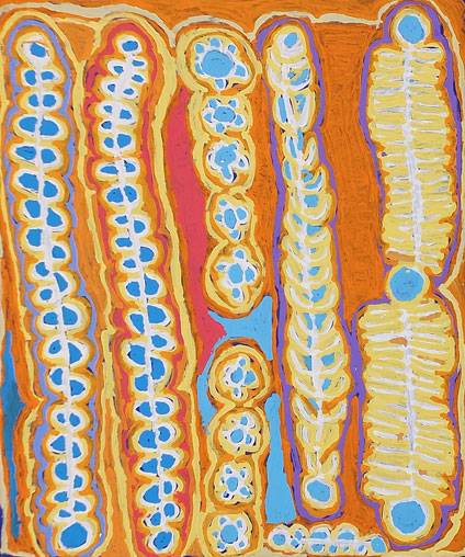 Australian Indigenous (Aboriginal and Torres Strait Islander) artwork by MURDIE NAMPIJINPA MORRIS of Warlukurlangu Artists (Yuendumu). The title is Malikijarra Jukurrpa (Two Dogs Dreaming). [848/13ny] (Acrylic on Belgian Linen)