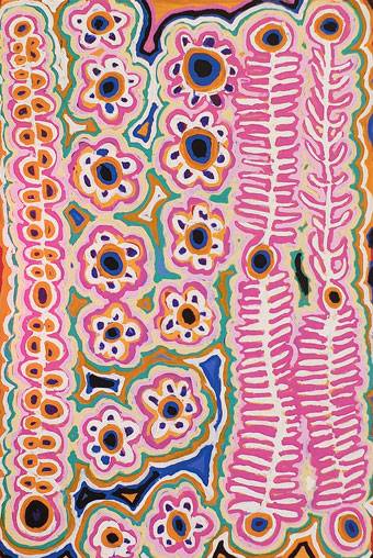 Australian Indigenous (Aboriginal and Torres Strait Islander) artwork by MURDIE NAMPIJINPA MORRIS of Warlukurlangu Artists (Yuendumu). The title is Malikijarra Jukurrpa (Two Dogs Dreaming). [925/13ny] (Acrylic on Belgian Linen)