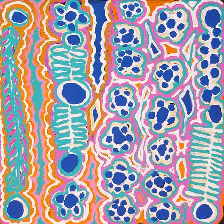 Australian Indigenous (Aboriginal and Torres Strait Islander) artwork by MURDIE NAMPIJINPA MORRIS of Warlukurlangu Artists (Yuendumu). The title is Malikijarra Jukurrpa (Two Dogs Dreaming). [1048/13ny] (Acrylic on Belgian Linen)