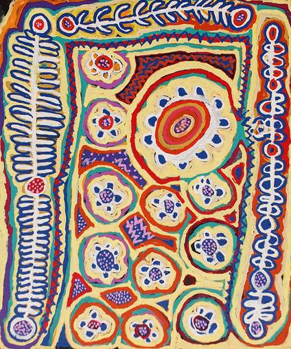 Australian Indigenous (Aboriginal and Torres Strait Islander) artwork by MURDIE NAMPIJINPA MORRIS of Warlukurlangu Artists (Yuendumu). The title is Malikijarra Jukurrpa (Two Dogs Dreaming). [1092/13ny] (Acrylic on Belgian Linen)