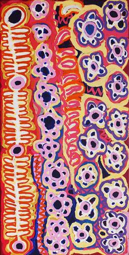 Australian Indigenous (Aboriginal and Torres Strait Islander) artwork by MURDIE NAMPIJINPA MORRIS of Warlukurlangu Artists (Yuendumu). The title is Malikijarra Jukurrpa (Two Dogs Dreaming). [1206/13ny] (Acrylic on Belgian Linen)
