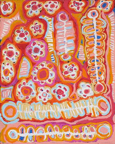 Australian Indigenous (Aboriginal and Torres Strait Islander) artwork by MURDIE NAMPIJINPA MORRIS of Warlukurlangu Artists (Yuendumu). The title is Malikijarra Jukurrpa (Two Dogs Dreaming). [1393/13ny] (Acrylic on Belgian Linen)