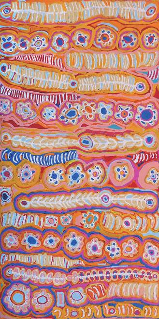 Australian Indigenous (Aboriginal and Torres Strait Islander) artwork by MURDIE NAMPIJINPA MORRIS of Warlukurlangu Artists (Yuendumu). The title is Malikijarra Jukurrpa (Two Dogs Dreaming). [1473/13ny] (Acrylic on Belgian Linen)