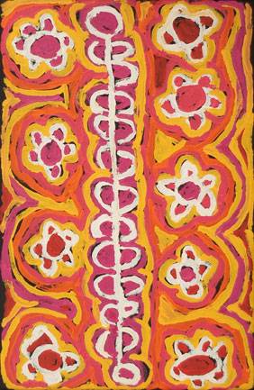 Australian Indigenous (Aboriginal and Torres Strait Islander) artwork by MURDIE NAMPIJINPA MORRIS of Warlukurlangu Artists (Yuendumu). The title is Malikijarra Jukurrpa (Two Dogs Dreaming). [134/14ny] (Acrylic on Belgian Linen)