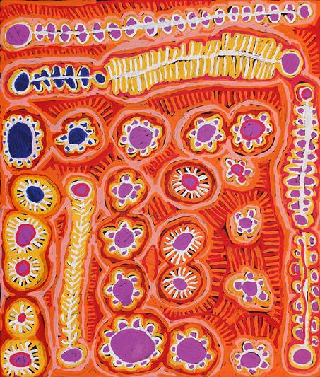 Australian Indigenous (Aboriginal and Torres Strait Islander) artwork by MURDIE NAMPIJINPA MORRIS of Warlukurlangu Artists (Yuendumu). The title is Malikijarra Jukurrpa (Two Dogs Dreaming). [323/14ny] (Acrylic on Belgian Linen)