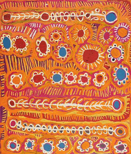 Australian Indigenous (Aboriginal and Torres Strait Islander) artwork by MURDIE NAMPIJINPA MORRIS of Warlukurlangu Artists (Yuendumu). The title is Malikijarra Jukurrpa (Two Dogs Dreaming). [388/14ny] (Acrylic on Belgian Linen)
