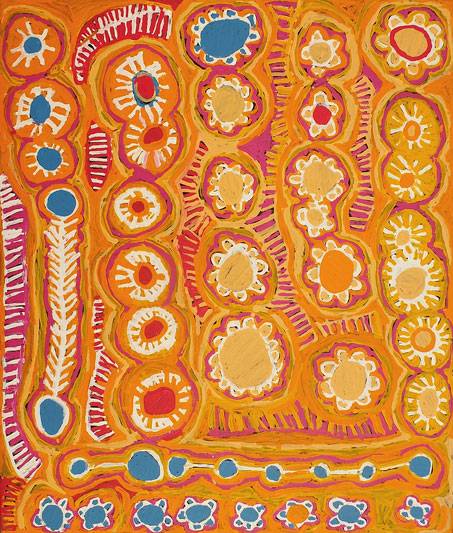 Australian Indigenous (Aboriginal and Torres Strait Islander) artwork by MURDIE NAMPIJINPA MORRIS of Warlukurlangu Artists (Yuendumu). The title is Malikijarra Jukurrpa (Two Dogs Dreaming). [426/14ny] (Acrylic on Belgian Linen)