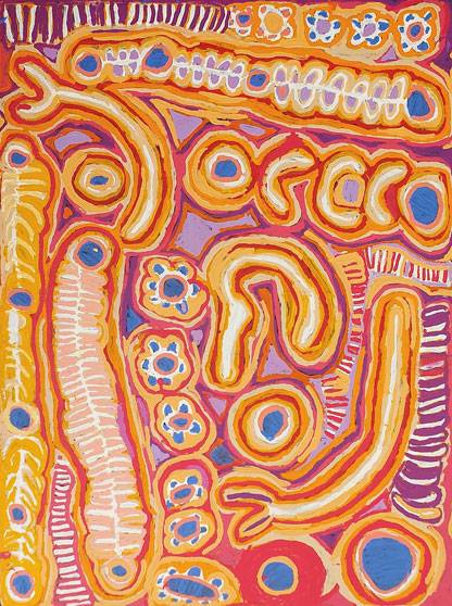 Australian Indigenous (Aboriginal and Torres Strait Islander) artwork by MURDIE NAMPIJINPA MORRIS of Warlukurlangu Artists (Yuendumu). The title is Malikijarra Jukurrpa (Two Dogs Dreaming). [1532/13ny] (Acrylic on Belgian Linen)