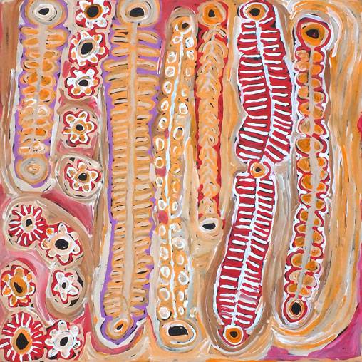 Australian Indigenous (Aboriginal and Torres Strait Islander) artwork by MURDIE NAMPIJINPA MORRIS of Warlukurlangu Artists (Yuendumu). The title is Malikijarra Jukurrpa (Two Dogs Dreaming). [874/14ny] (Acrylic on Belgian Linen)