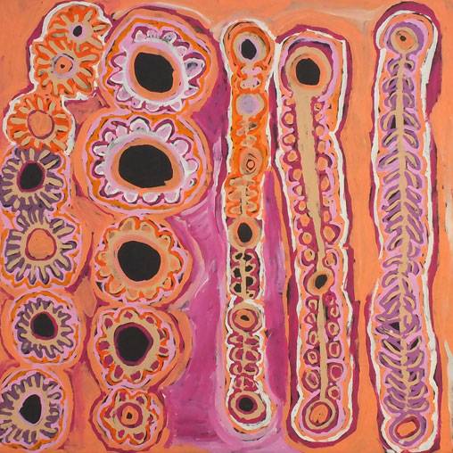 Australian Indigenous (Aboriginal and Torres Strait Islander) artwork by MURDIE NAMPIJINPA MORRIS of Warlukurlangu Artists (Yuendumu). The title is Malikijarra Jukurrpa (Two Dogs Dreaming). [875/14ny] (Acrylic on Belgian Linen)