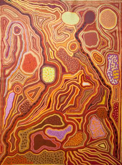 Australian Indigenous (Aboriginal and Torres Strait Islander) artwork by KAY BAKER of Tjungu Palya Artists. The title is Malilu Tjukurpa Kalaya Tjukurpa. [11004] (Acrylic on Canvas)