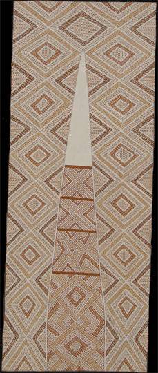 Australian Indigenous (Aboriginal and Torres Strait Islander) artwork by GARAWAN WANAMBI of Buku-Larrnggay Mulka (Yirrkala). The title is Mapan. [3696O] (Bark Painting)
