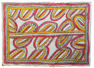 Australian Indigenous (Aboriginal and Torres Strait Islander) artwork by FATE SAVARI (ISAWDI) of Omie Artists. The title is Marai baje - Ancestors’ coastal shell jewellery (traditional Ömie wealth). [14-238] (Pencil and Ink on Paper)
