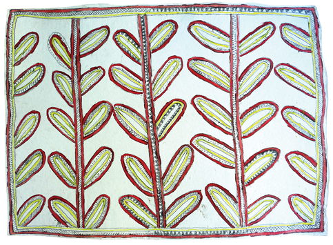 Australian Indigenous (Aboriginal and Torres Strait Islander) artwork by FATE SAVARI (ISAWDI) of Omie Artists. The title is Marai baj’e (ohu’o ije bi’weje, nenyai, moköjö bineb’e, mi ija ahe, dubudubi han’e, sabu ahe ohu’o buborianö’e) - Ancestors’ coastal shell jewellery - traditional Ömie wealth (with boys chopping tree branches, women’s woven white shell headband, chest feathers of the red parrot, animal bones found while digging in the garden, leaves of the dubi’e plant, spots of the wood-boring grub, and beaks of the Papuan Hornbill). [15-204] (Paint, Pencil and Ink on Paper)