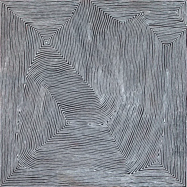 Australian Indigenous (Aboriginal and Torres Strait Islander) artwork by WARLIMPIRRNGA TJAPALTJARRI of Papunya Tula Artists. The title is Marawa. [WT0911089] (Acrylic on Belgian Linen)