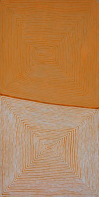 Australian Indigenous (Aboriginal and Torres Strait Islander) artwork by WARLIMPIRRNGA TJAPALTJARRI of Papunya Tula Artists. The title is Marawa. [WT0910028] (Acrylic on Belgian Linen)