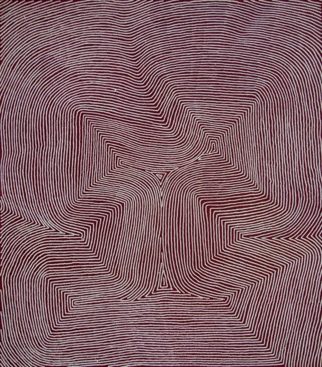 Australian Indigenous (Aboriginal and Torres Strait Islander) artwork by WARLIMPIRRNGA TJAPALTJARRI of Papunya Tula Artists. The title is Marawa. [WT1208123] (Acrylic on Belgian Linen)