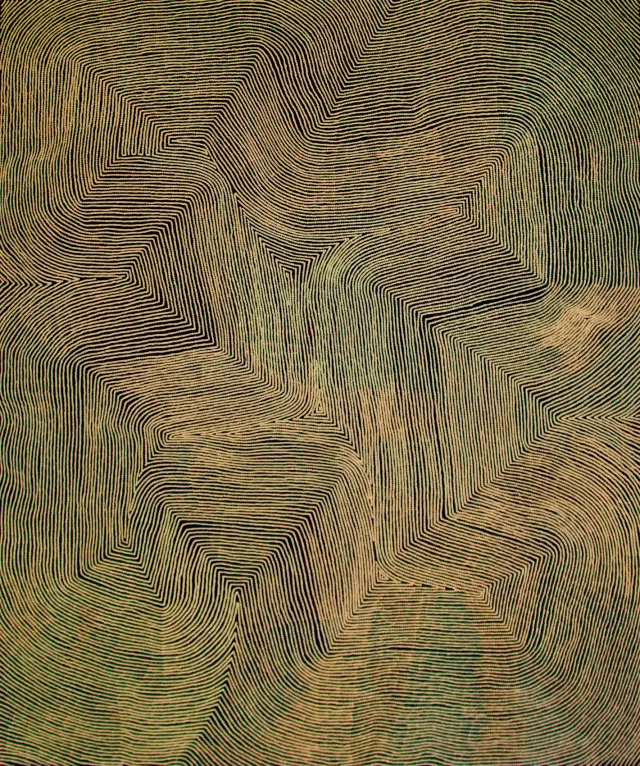 Australian Indigenous (Aboriginal and Torres Strait Islander) artwork by WARLIMPIRRNGA TJAPALTJARRI of Papunya Tula Artists. The title is Marawa. [WT1304061] (Acrylic on Belgian Linen)