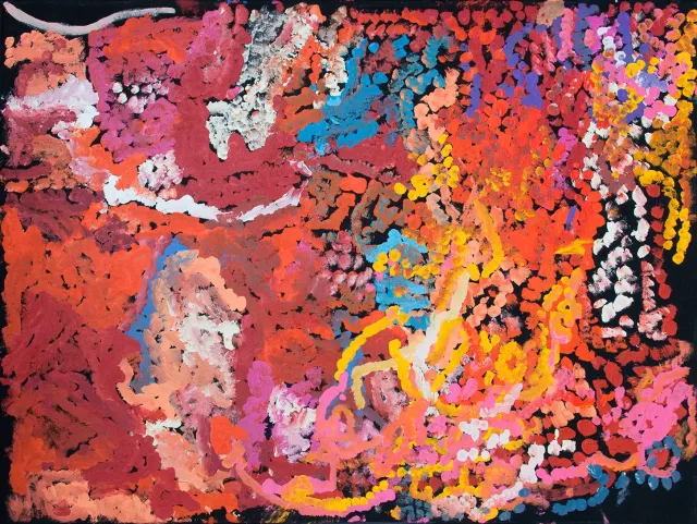 Australian Indigenous (Aboriginal and Torres Strait Islander) artwork by NEVILLE NIYPULA MCARTHUR of Warakurna Artists. The title is Marlu Dreaming. [16-17] (Acrylic on Canvas)